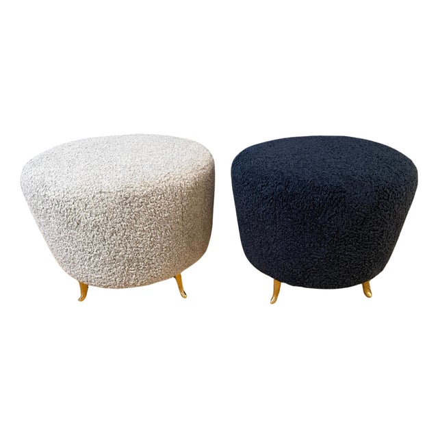 Pair of French Wool Boucle Pouf Dining Stools For Sale