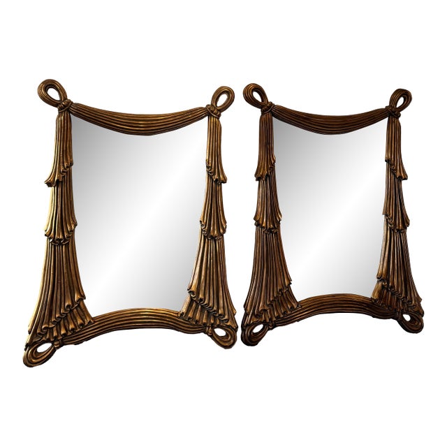 Vintage Trompe l'Oeil Hollywood Regency Drape Swag Mirrors- A Pair For Sale