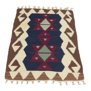 1970s Scandinavian Geometric Style Turkish Navy Blue and Blue Oushak Kilim Rug For Sale