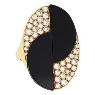 70s Vintage Onyx Diamond Large Cocktail Ring 18k Yellow Gold 7.25 Oval Jewelry For Sale