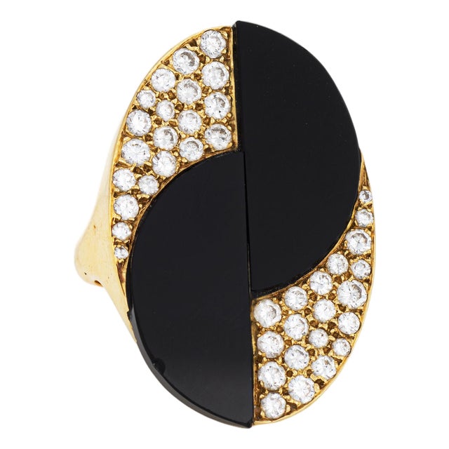 70s Vintage Onyx Diamond Large Cocktail Ring 18k Yellow Gold 7.25 Oval Jewelry For Sale