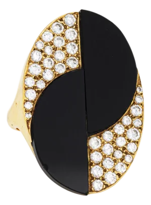 70s Vintage Onyx Diamond Large Cocktail Ring 18k Yellow Gold 7.25 Oval Jewelry