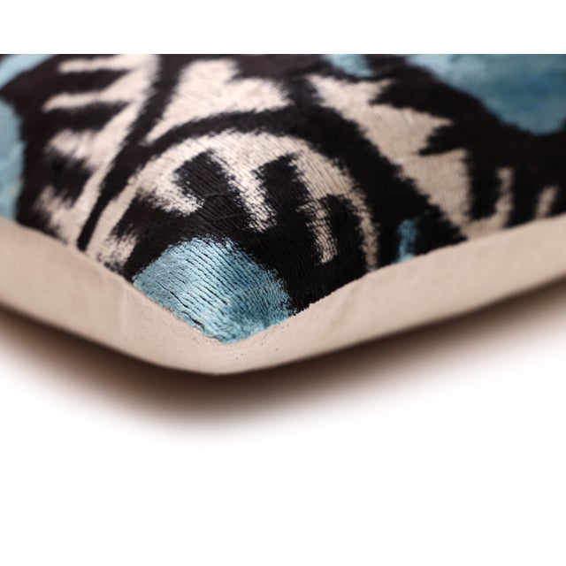 Aqua Handmade Aqua Blue Ikat Velvet Lumbar Pillow 16x24 | Soft Turquoise & Black Abstract For Sale - Image 8 of 8