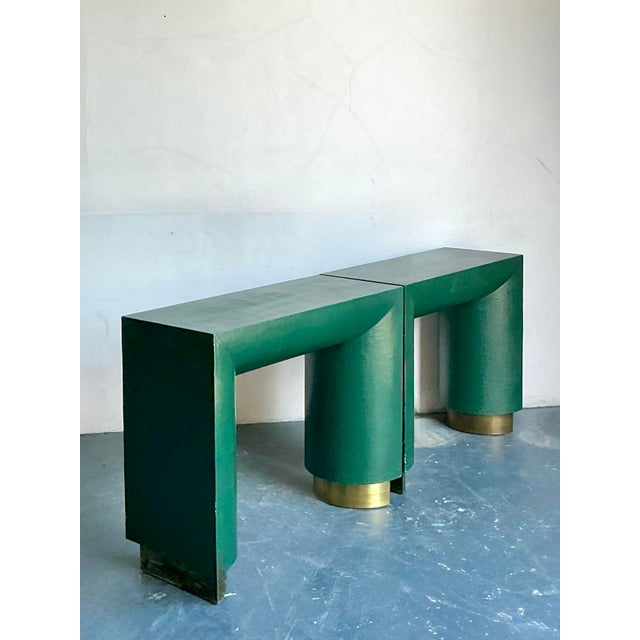 Wood Vintage Boho Grasscloth Console and Mirror Sets - A Pair For Sale - Image 7 of 8