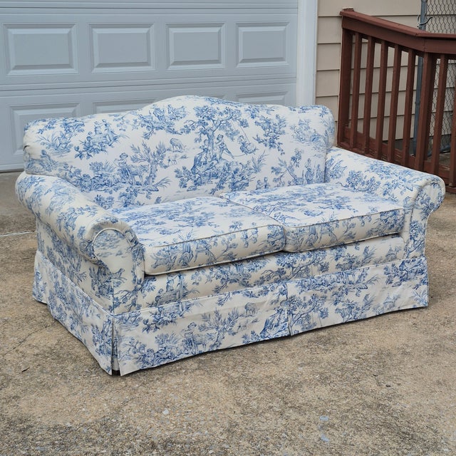 Antique Blue & White Toile De Jouy Camel Back Loveseat Rolled Arms Pleated Skirt For Sale - Image 15 of 16