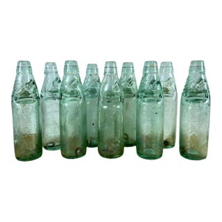 Collection of 9 English Antique Aqua Glass Cod Neck Marble Bottles, Bristol, Circa 1900 For Sale