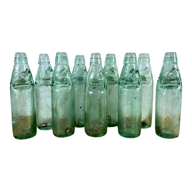 Collection of 9 English Antique Aqua Glass Cod Neck Marble Bottles, Bristol, Circa 1900 For Sale