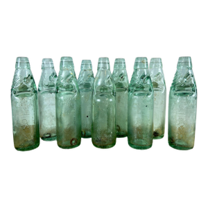 Collection of 9 English Antique Aqua Glass Cod Neck Marble Bottles, Bristol, Circa 1900