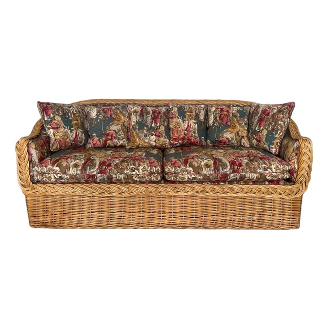 Vintage Braided Rattan Sofa With Sculpted Back For Sale