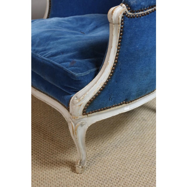 White Louis XV Lounge Chair in Blue Velvet For Sale - Image 8 of 11