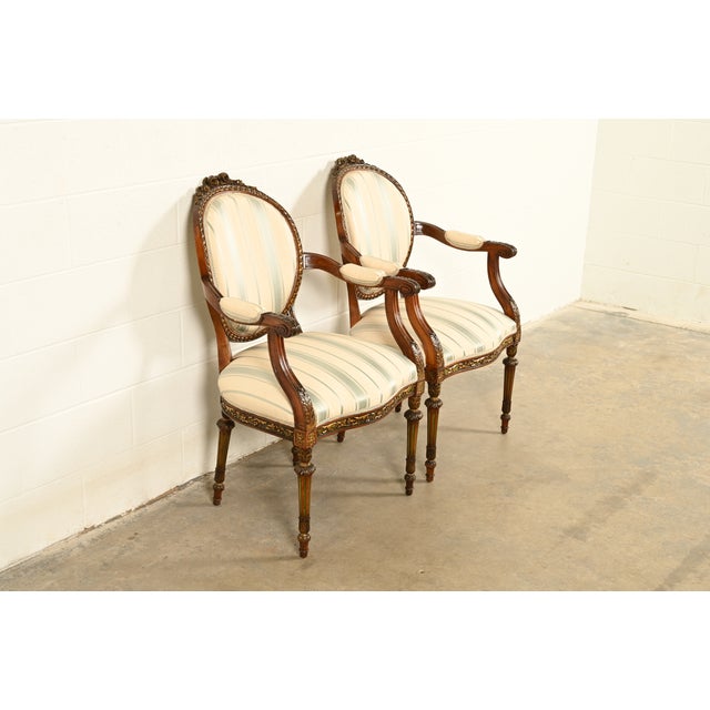 Karges Furniture Karges Style French Regency Louis XVI Carved Mahogany and Gold Gilt Armchairs, Pair For Sale - Image 4 of 14