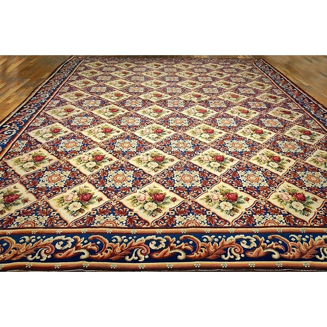 Antique European needlepoint rug, size: 12'8" x 14'0". Needlepoint Reproduction needlework carpet. The delicate patterns...