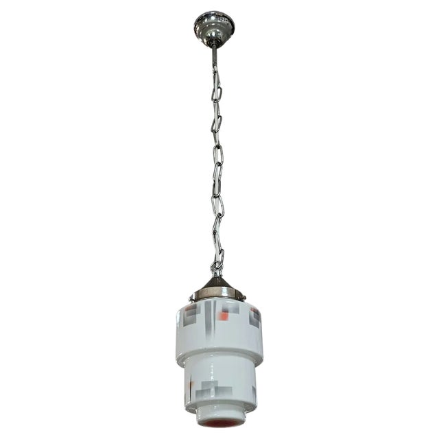 Art Deco Stepped Skyscraper Pendant Light in White Opaline Glass, Austria, 1930s For Sale