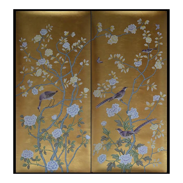 Gold Leaf Chinoiserie Hand-Painted Lavender Peony & Bird Wall Panels (Set of 2) For Sale