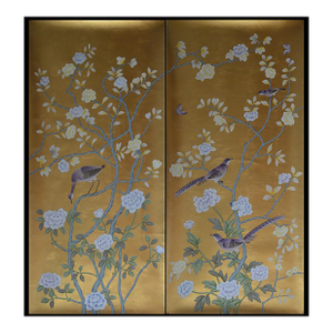 Gold Leaf Chinoiserie Hand-Painted Lavender Peony & Bird Wall Panels (Set of 2)