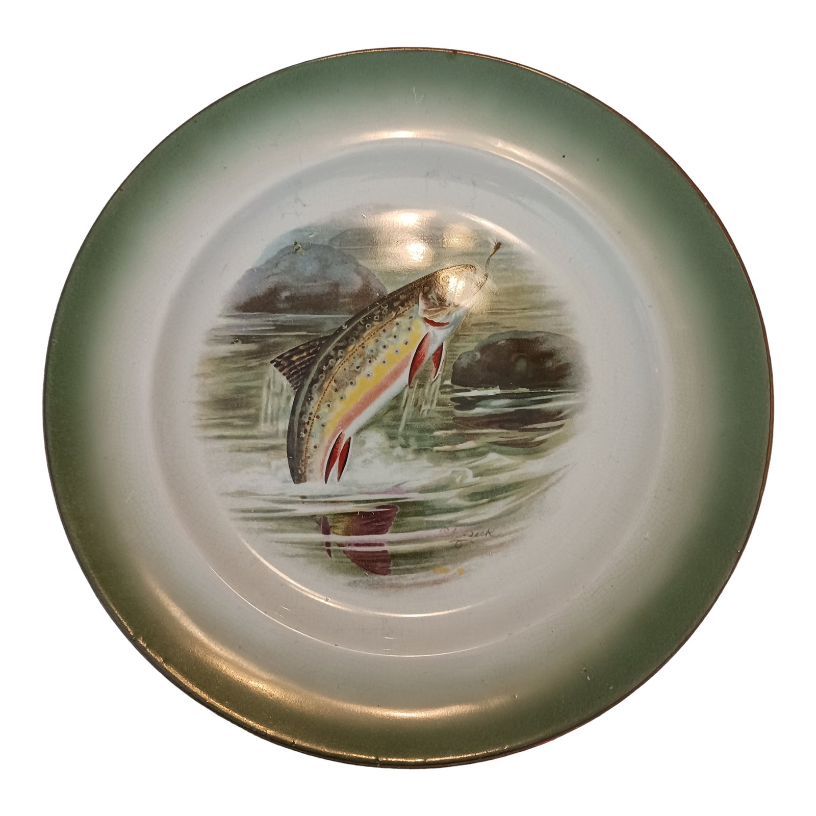 Vintage 1910s Buffalo Pottery Rk Beck Fishing Freshwater Green Plate
