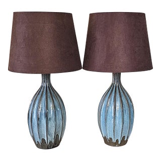 Turquoise Pottery Table Lamps – Mid‑Century Style, 32" - a Pair For Sale