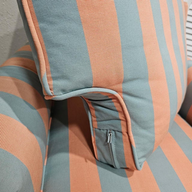 1970s Vintage Lee Industries Swivel Armchair Rocker Striped Rolled Arm Chair MCM Blue For Sale - Image 5 of 14
