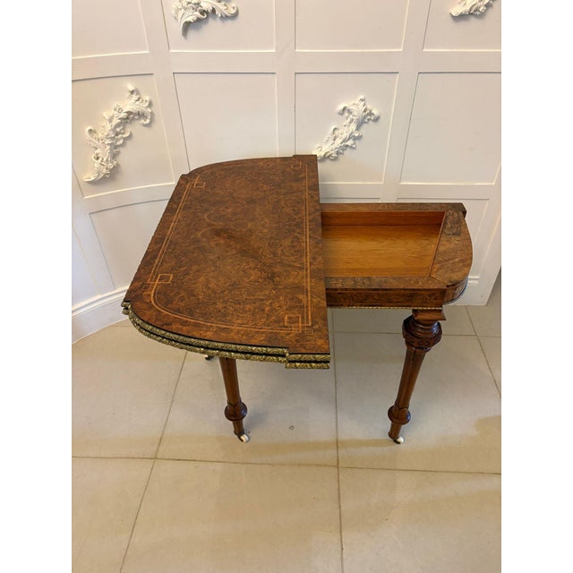 Brown Antique Victorian Burr Walnut Card Console Table with Ormolu Mounts and Inlay, 1850 For Sale - Image 8 of 17