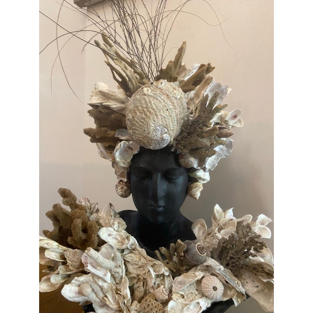 Shell Encrusted Large Black Bust by Bluffton, SC artist, May River Neptune. 32” is to top of coral. About 26” to top of...