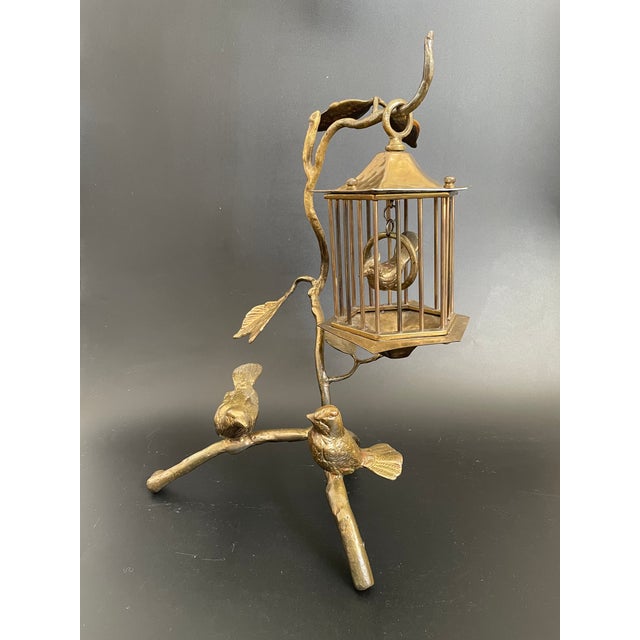 Art Nouveau Vintage Brass Tree Branch Sculptural Centerpiece With Birds and Birdcage For Sale - Image 3 of 18