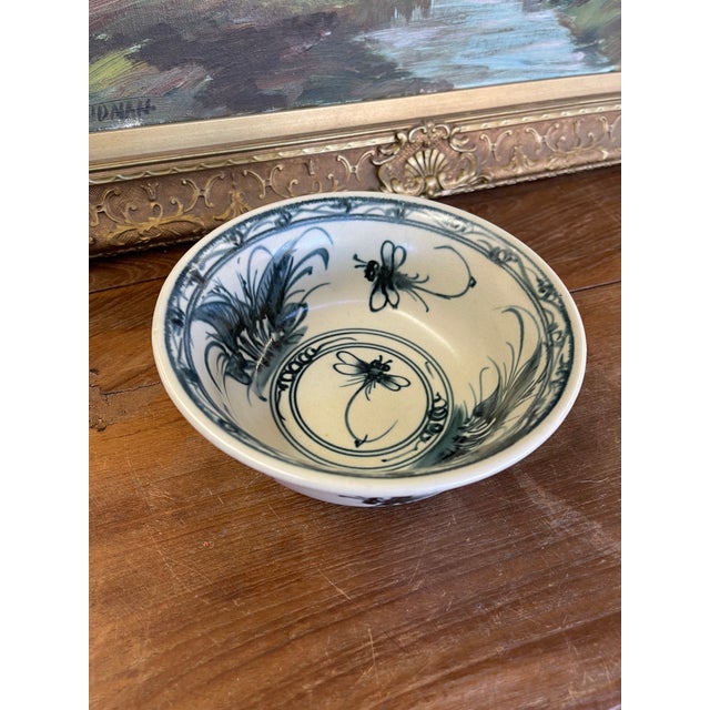 Ceramic Vintage Bat Trang Vietnamese Ceramic Bowl With Hand-Painted Dragonfly Motif For Sale - Image 7 of 10