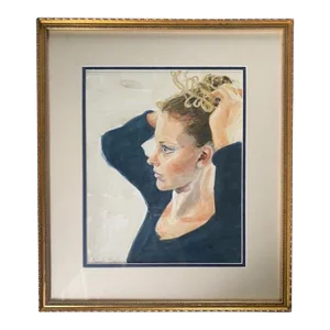 Mid 20th Century Figural Watercolor Portrait of Woman Fixing Her Hair by Rhoda Yanow