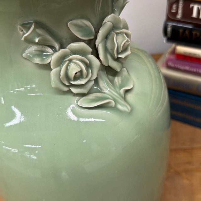 Green Vase with Botanical Theme Handles & Scalloped Top For Sale - Image 10 of 10