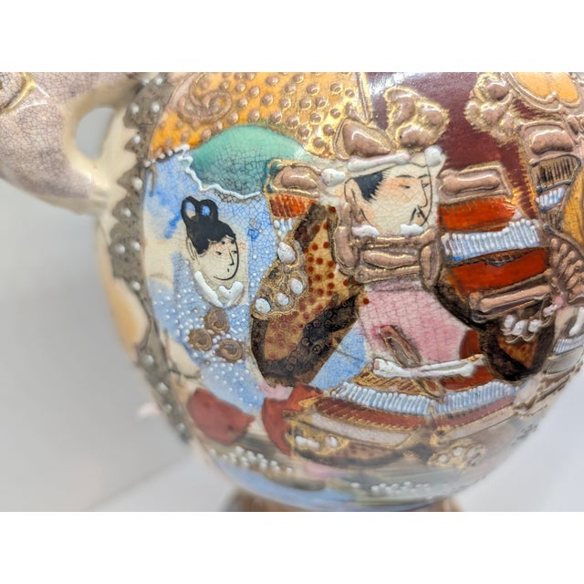 Japanese Vintage Hand‑Painted Oriental Ceramic Vase With Foo Dog Handles For Sale - Image 3 of 11