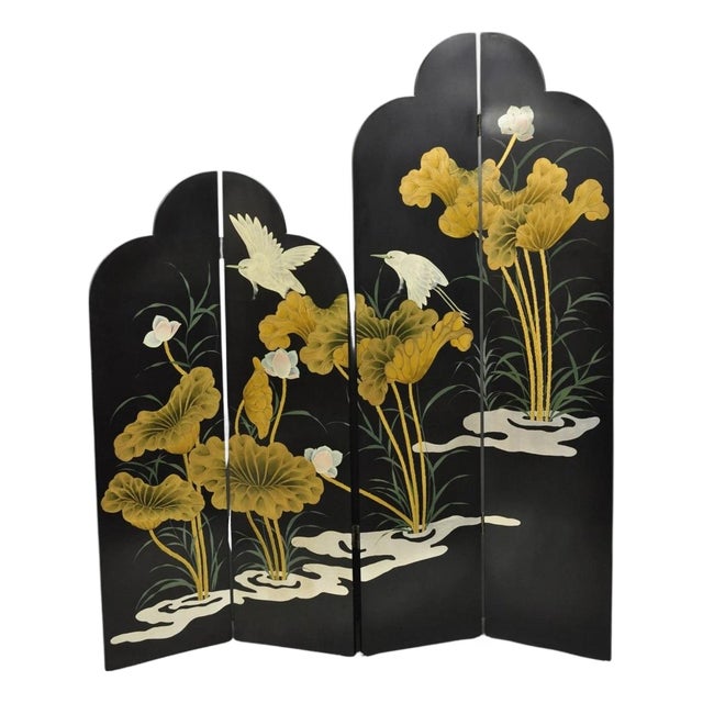 Decorator Chinoiserie Black Lacquer Oriental Painted 4 Panel Room Divider Screen For Sale