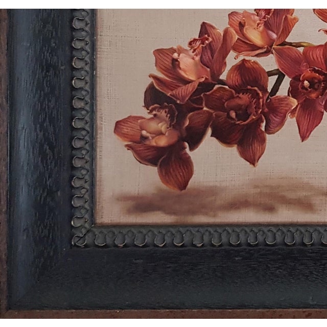 Cymbidium Orchids II by Narelle Zeller | Oil Painting of red cymbidium orchids on a branch For Sale - Image 4 of 7