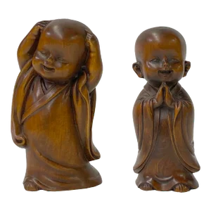 Chinese Pair Wood Carved Mini Kid Arhat Monk Lohon Figures