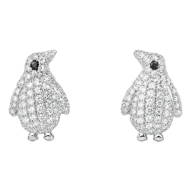 Late 20th Century 14K White Gold Diamond Penguin Earrings Estate For Sale