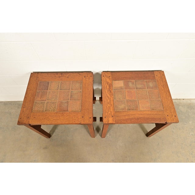 1990s Stickley Mission Oak Arts & Crafts Tile Top Two-Tier Side Tables, Pair For Sale - Image 5 of 11