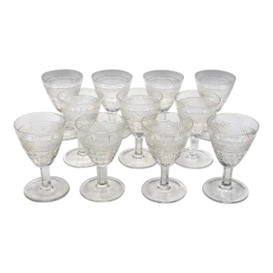 Circa 1930s Italian Set of 10 +1 Cut Glass Aperitif Stemmed Glasses