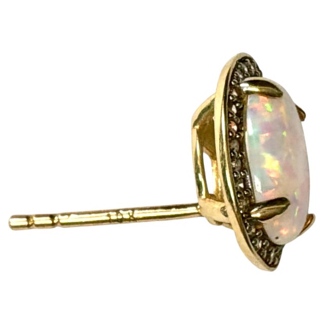 Late 20th Century 10 Karat Yellow Gold With Oval Opal and Diamond Stud Earrings a Pair For Sale - Image 5 of 9