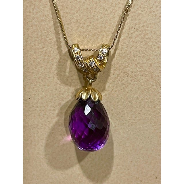 Checkerboard Amethyst Drop & Diamond Pendent/Necklace 14 Karat Yellow Gold Chain For Sale - Image 10 of 18