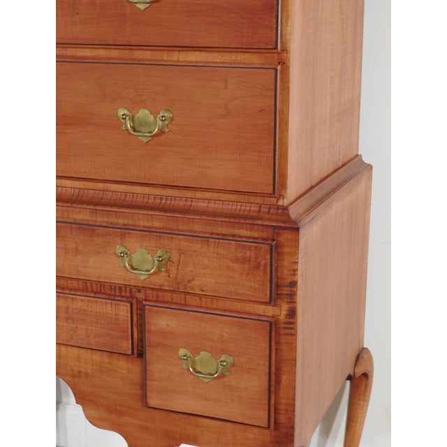 Ca. 1960s 2 Piece Curly Tiger Maple Flat Top Queen Anne Highboy W/ Secret Drawer 73" T For Sale In South Bend - Image 6 of 17
