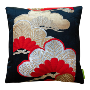 1970s Japanese Obi Pillow Black Silk Gold Red Pine Matsu