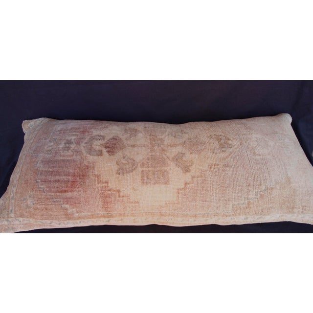 Faded Oushak Rug Pillow – Vintage Turkish Handwoven Lumbar Cushion -17'' X 37'' For Sale - Image 10 of 13