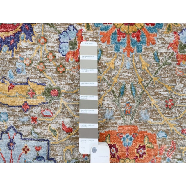 Tan Sickle Leaf Design Silk With Textured Wool Hand Knotted Oriental Runner Rug For Sale - Image 4 of 9