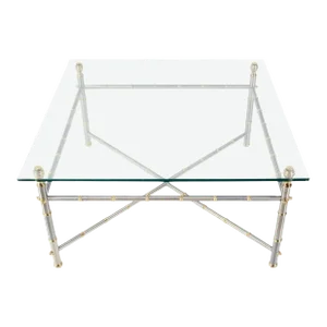 Very Fine Metal Faux Bamboo Chrome Brass Base Glass Top Square Coffee Table