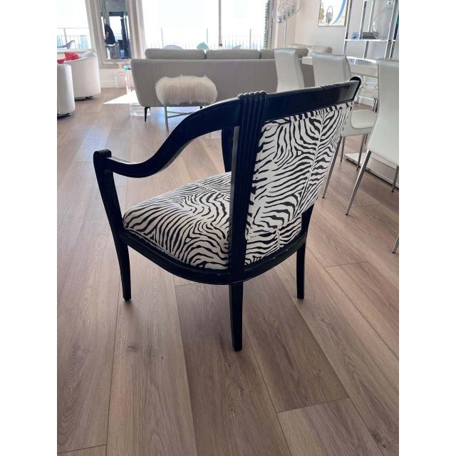 1990s Black Glossy and Cotton Velvet Zebra Armchairs- A Pair For Sale - Image 5 of 11
