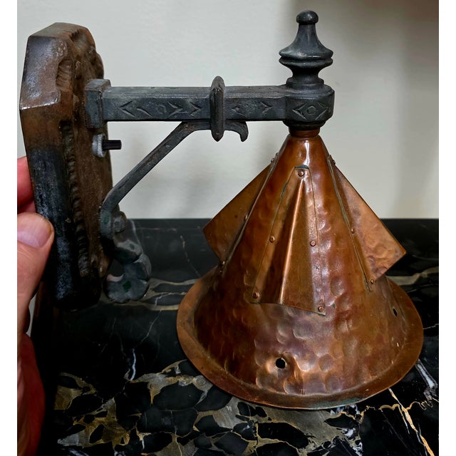 Arts & Crafts 1930s Arts and Crafts Hammered Copper Wall Sconce, Black Metal Arm, Corded Cone Shade For Sale - Image 3 of 6