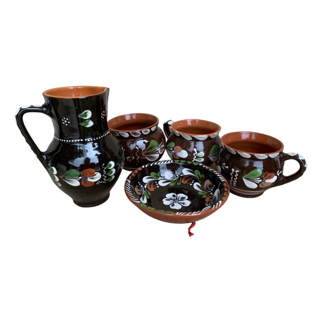 Vintage Hungarian Folk Glazed Ceramic Set by Sarospatak, Set of 5 For Sale