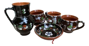 Vintage Hungarian Folk Glazed Ceramic Set by Sarospatak, Set of 5