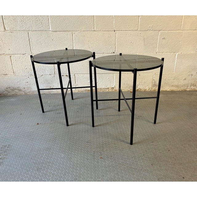 Round Smoked Black Glass Accent Tables, Modern Metal End Tables, Mid Century Modern Nightstands, Sleek Modern Chic Decor For Sale - Image 4 of 9
