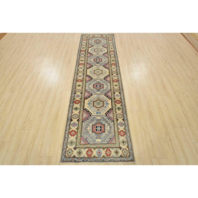 Farmhouse Kazak Runner 2’9” X 9’5” Blue Wool Tribal Hand-Knotted Oriental Rug For Sale - Image 3 of 11