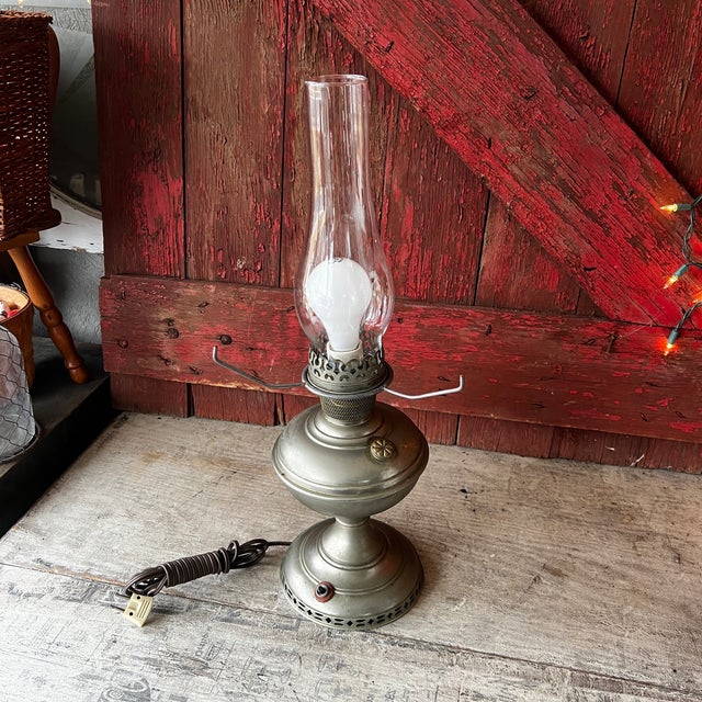 Aladdin Co. Vintage Aladdin Model No. 6 Electric Converted Oil Lamp With Clear Glass Chimney For Sale - Image 4 of 17