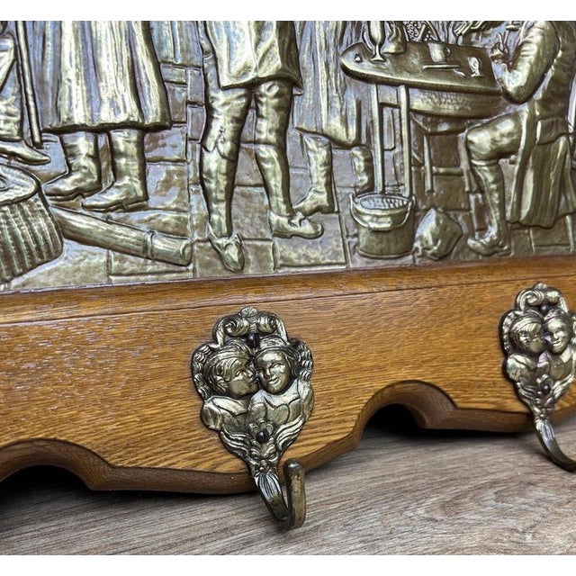 Metal Vintage French Oak 7-Hook Coat Rack with Brass Panel For Sale - Image 7 of 10